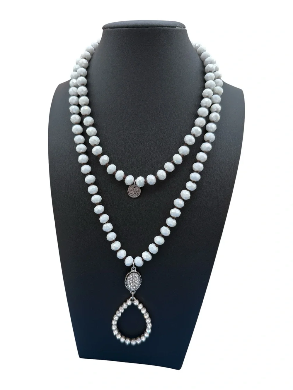 White Faceted Glass Beaded Long Necklace with Rhinestone Teardrop Pendant